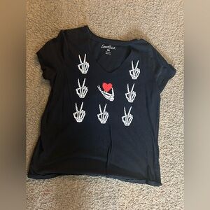 Lovesick Black Tee with Skeleton Hand and Heart Design